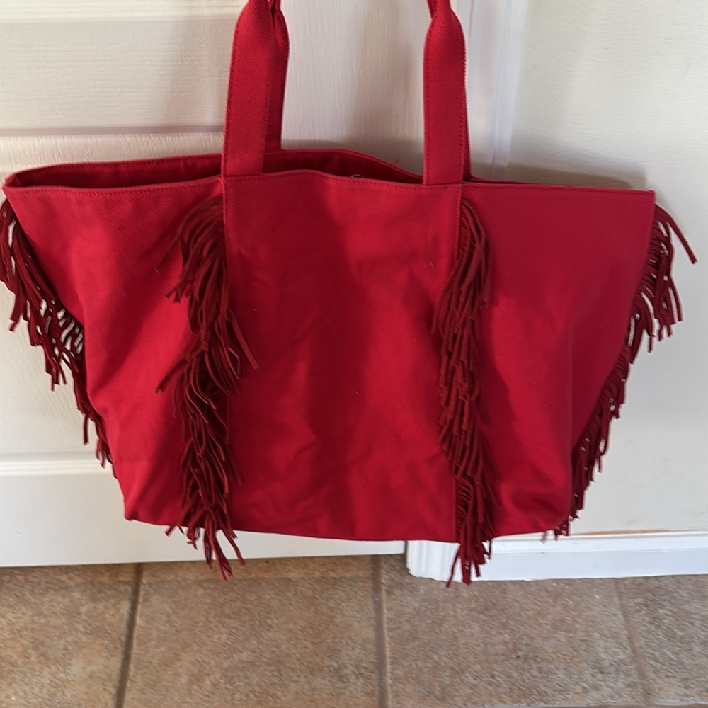 MILA LOS ANGELES LADIES RED CANVAS FRINGE BOHO TOTE BAG - Picture 7 of 11